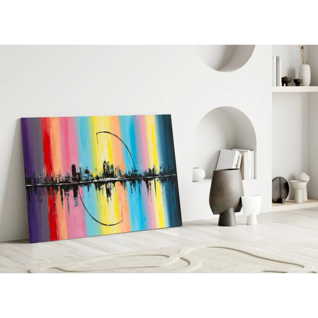 Vibrant rainbow cityscape reflection canvas wall art