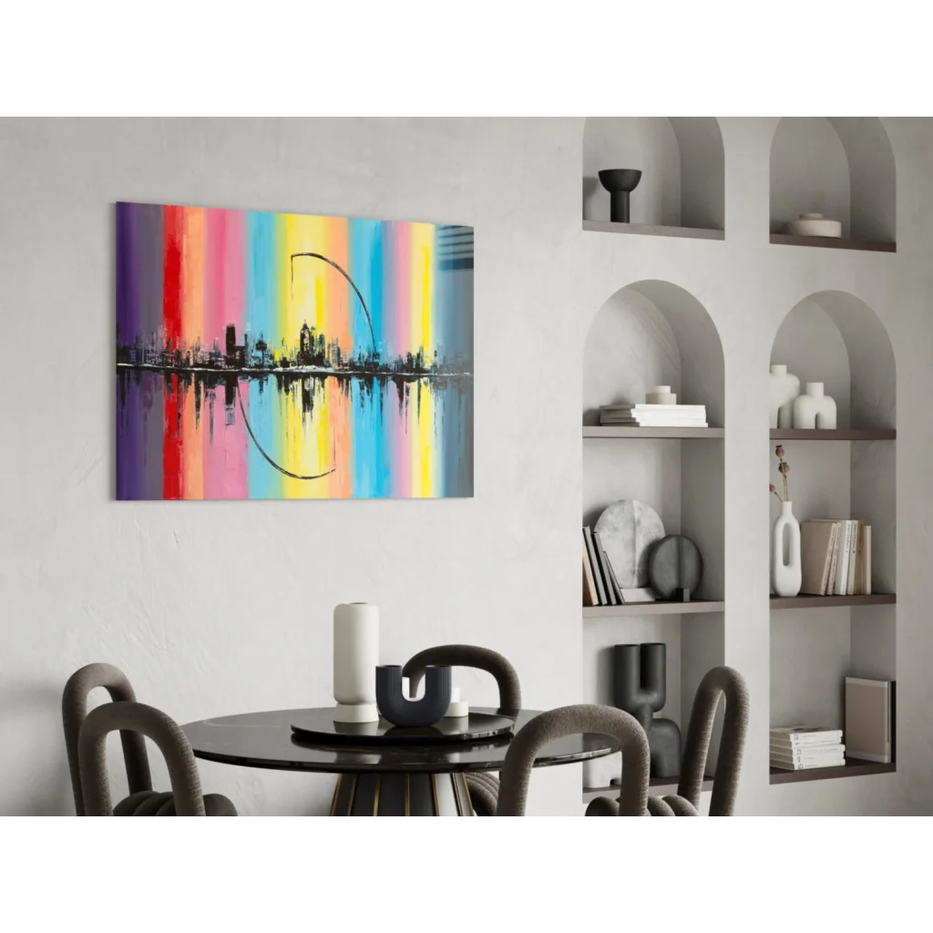 Vibrant rainbow cityscape reflection canvas wall art