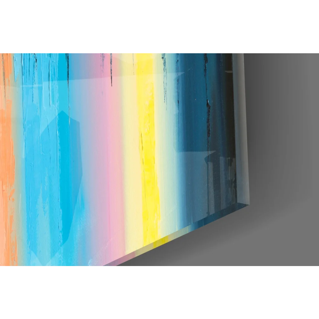 Vibrant Rainbow Cityscape Reflection glass wall art with colorful streaks