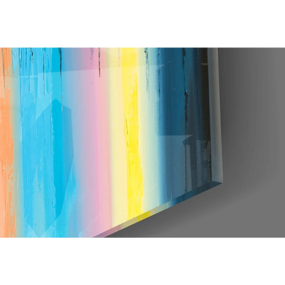 Vibrant Rainbow Cityscape Reflection glass wall art with colorful streaks