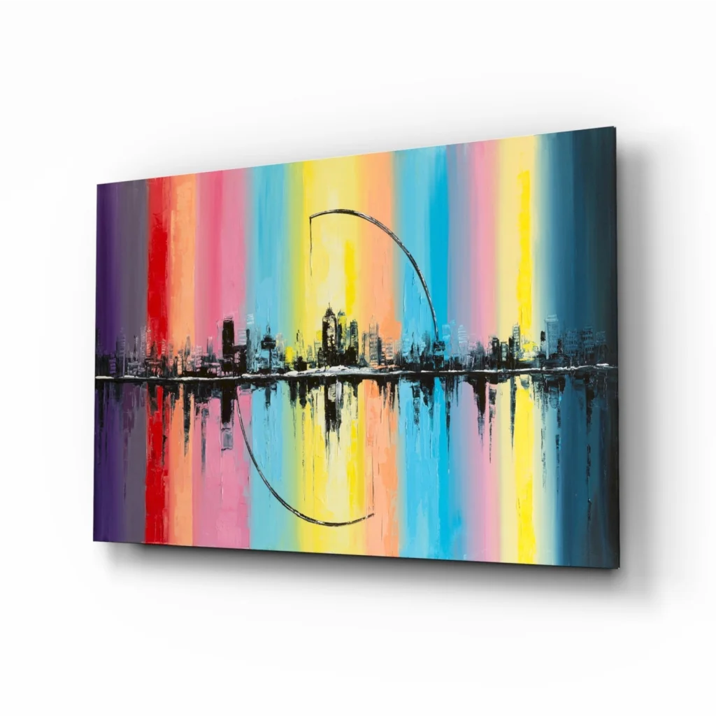 Vibrant rainbow cityscape reflection canvas wall art