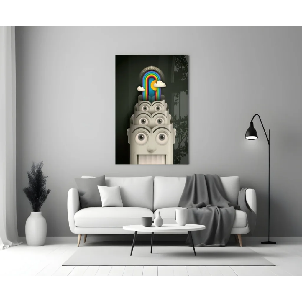 Surreal rainbow multi-eye face on glass wall art canvas print