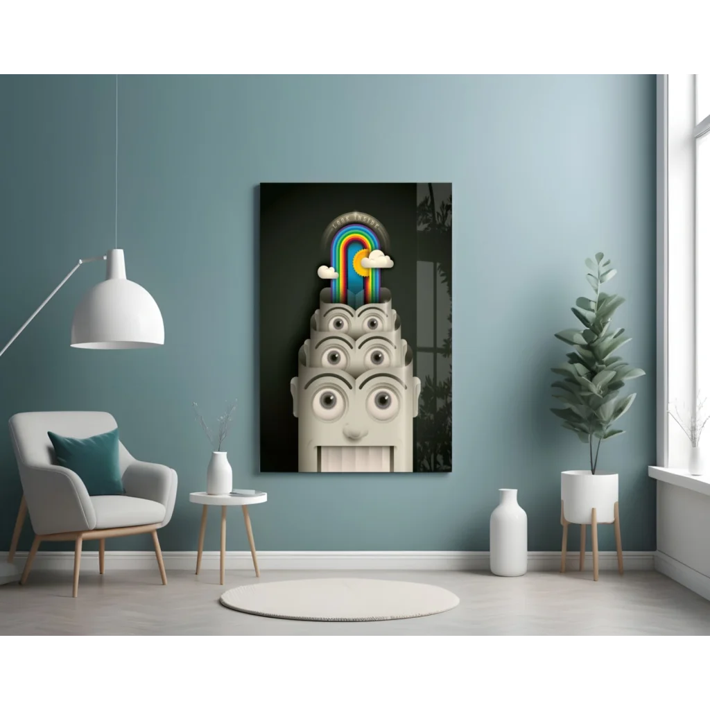 Surreal multi-eye face glass wall art with rainbow arch