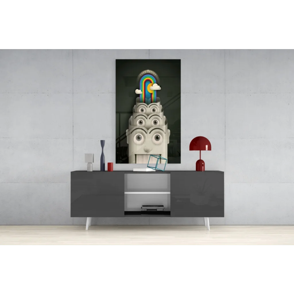 Surreal multi-eye face with rainbow on black-and-white glass wall art canvas print