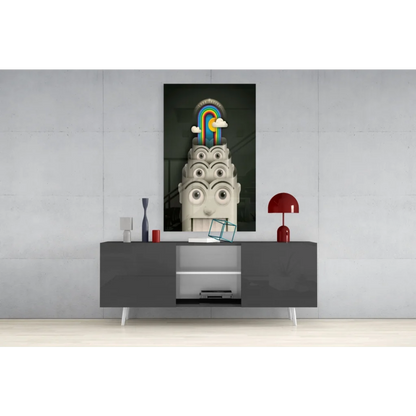 Surreal multi-eye face with rainbow on black-and-white glass wall art canvas print