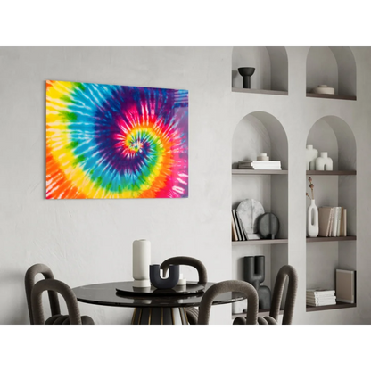 Vibrant rainbow tie-dye spiral wall art canvas on wall