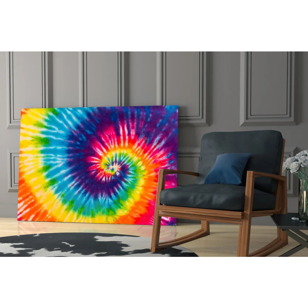 Vibrant rainbow tie-dye canvas with swirling spiral wall art pattern