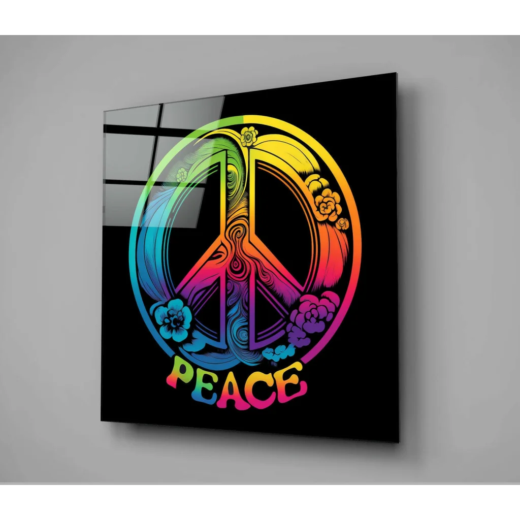 Vibrant rainbow peace sign glass wall art with floral design
