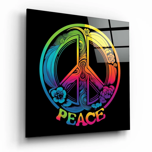 Vibrant rainbow peace sign glass wall art with floral accents on black background