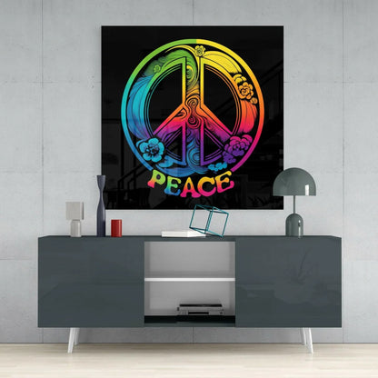 Vibrant rainbow peace sign glass wall art with floral design