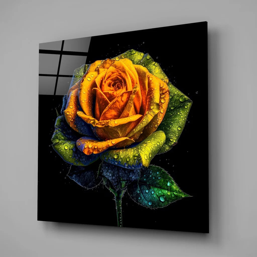 Vibrant rainbow rose tempered glass art with dew drops and size comparison