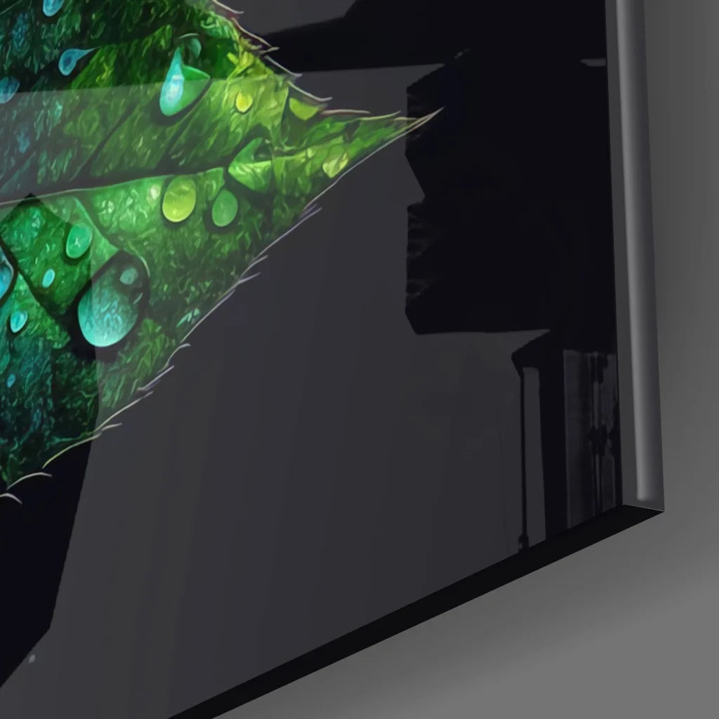 Vibrant green leaf on tempered glass art canvas with water droplets