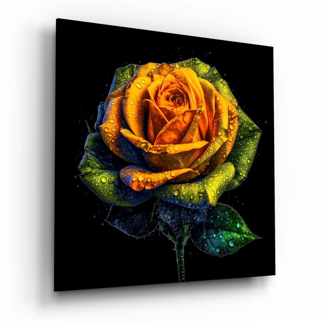 Vibrant rainbow rose tempered glass art with dew drops and size guide