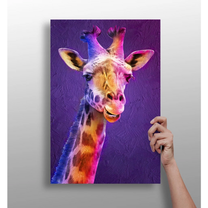 Vibrant digitally painted giraffe portrait on textured purple canvas aluminum print