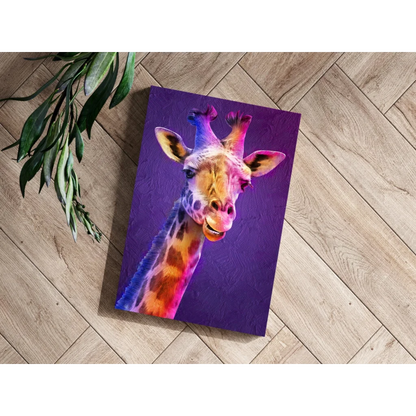 Vibrant stylized giraffe portrait on purple canvas aluminum print