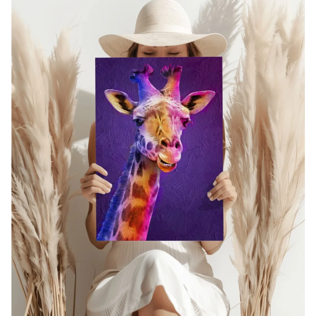 Vibrant digital giraffe portrait in pink orange blue on purple canvas