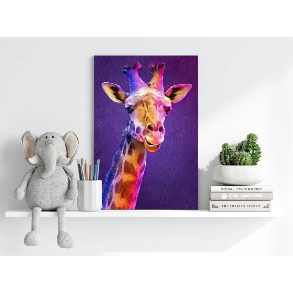Vibrant rainbow giraffe portrait on purple canvas aluminum print
