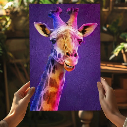 Vibrant stylized giraffe portrait on textured purple canvas aluminum print
