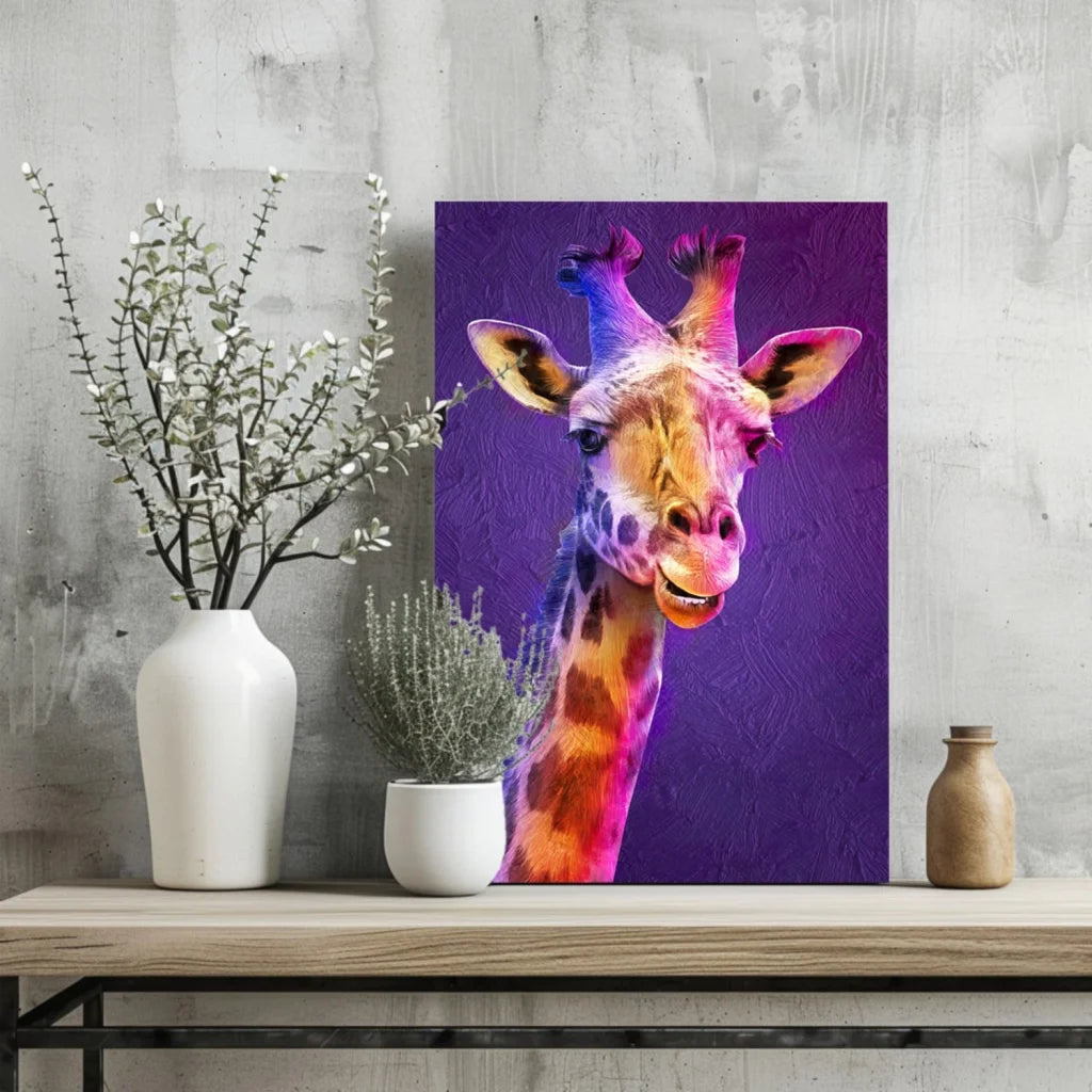 Vibrant rainbow-spotted giraffe portrait on purple canvas print