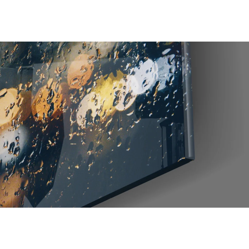 Sleek monitor showing Raindrop City Lights glass wall art