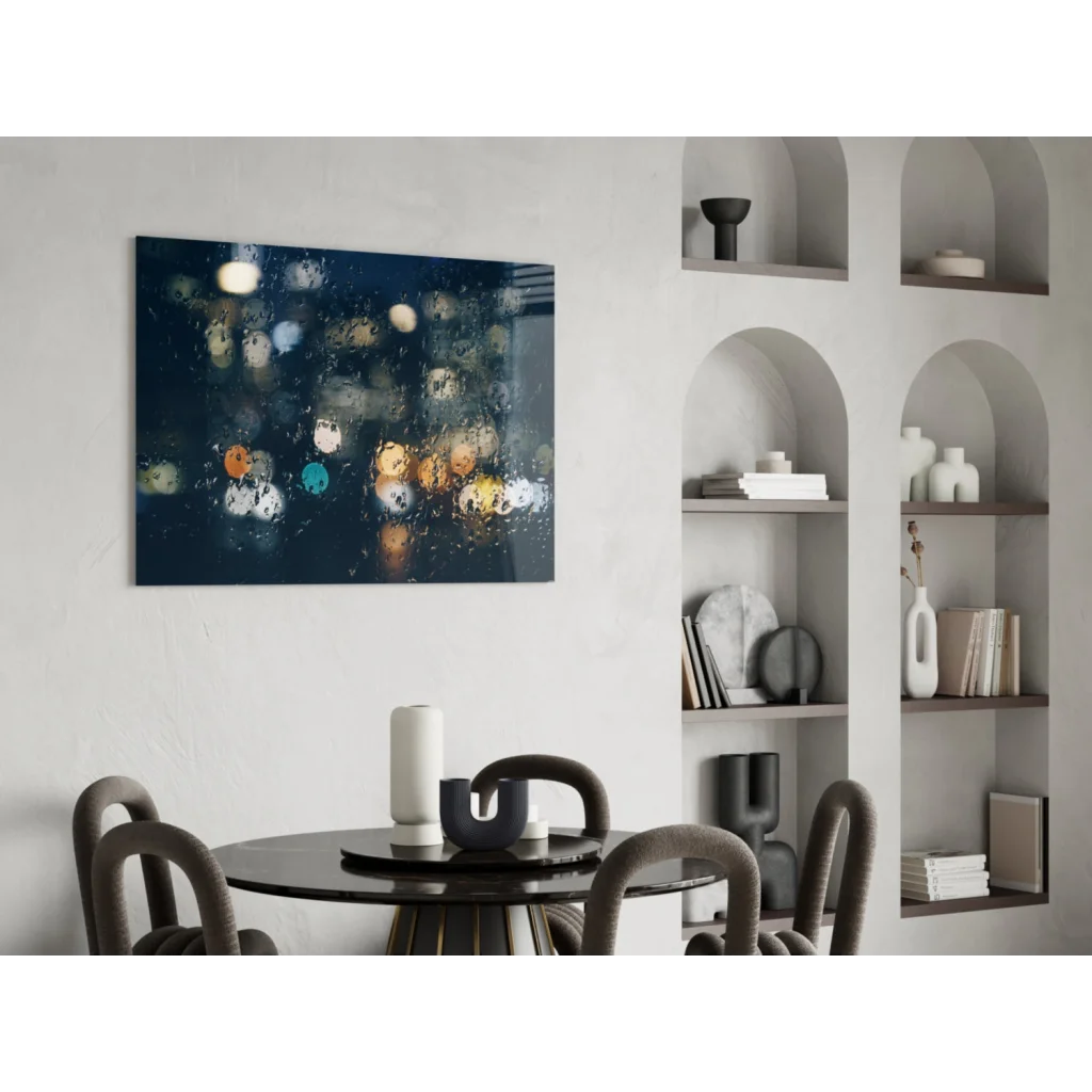 Modern black-framed canvas wall art of rainy night bokeh lights through glass