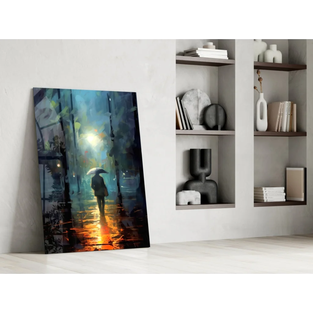 Moody rainy street with umbrella figure in warm light, wall art canvas print