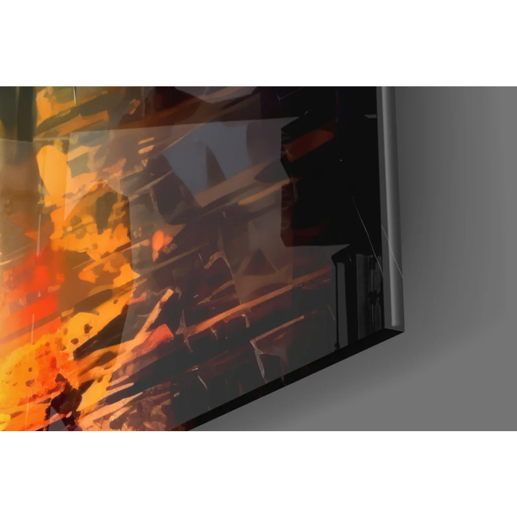 Fiery orange red abstract scene in glossy framed Rainy Night Street Walker wall art