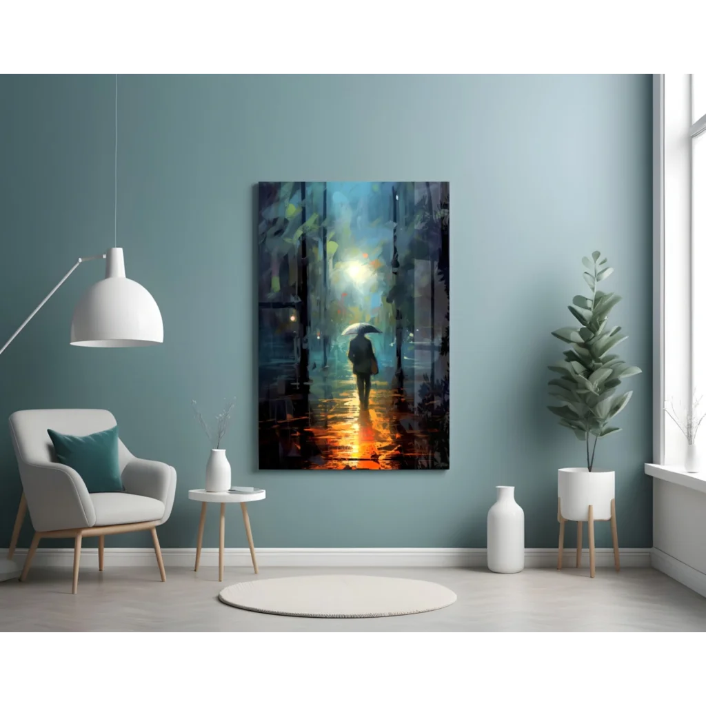 Solitary figure with umbrella on rainy street, warm-lit wall art print