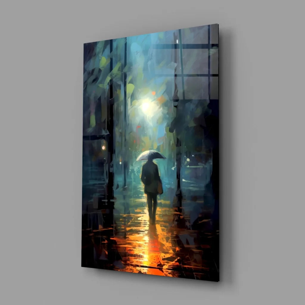 Solitary figure walks rainy night urban street in warm yellow light canvas wall art