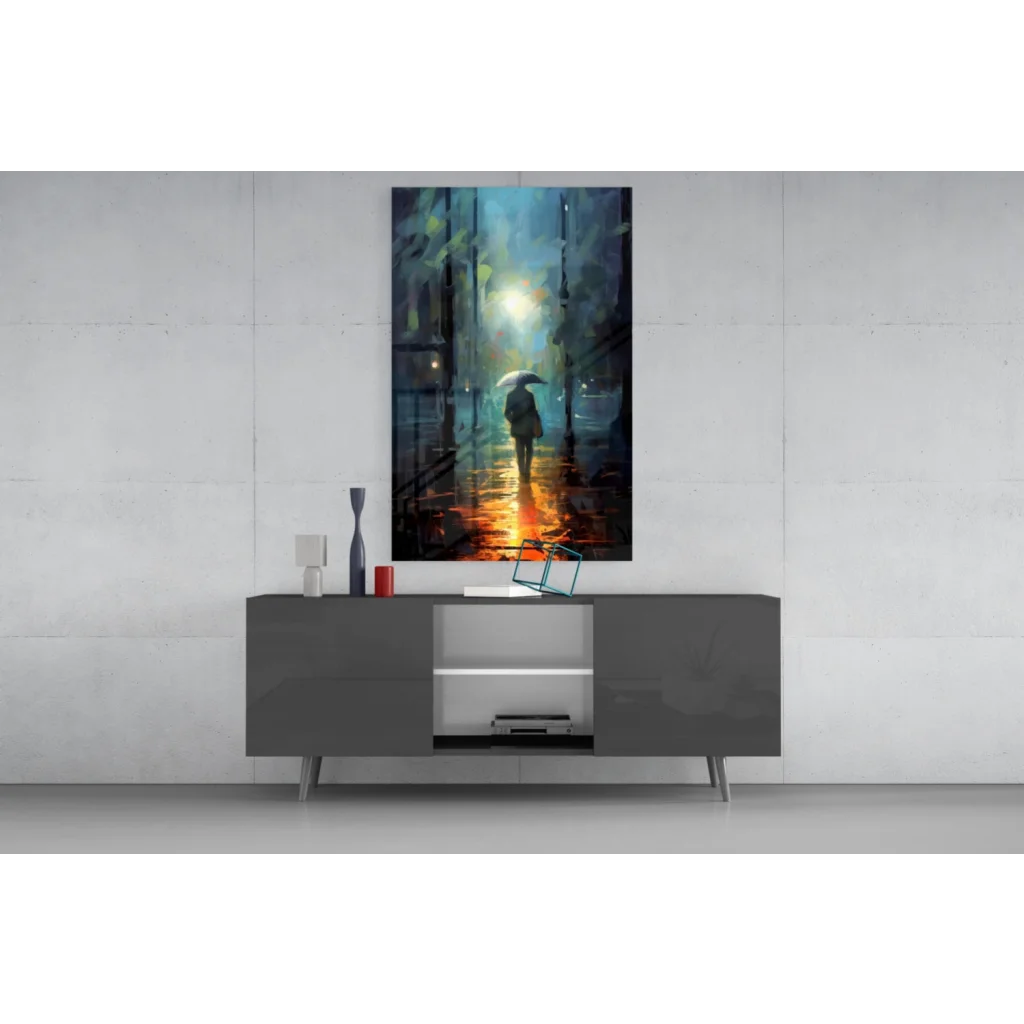 Solitary figure walking rainy night street, warm orange wall art print