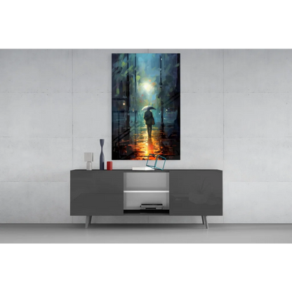 Solitary figure walking rainy night street, warm orange wall art print