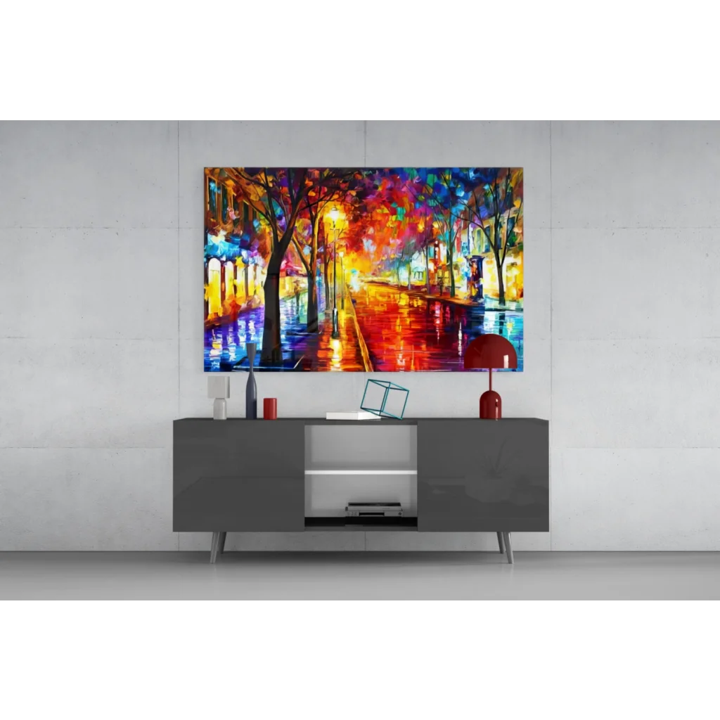 Vibrant rainy street reflections abstract canvas wall art with bold colors