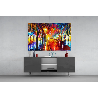 Vibrant rainy street reflections abstract canvas wall art with bold colors
