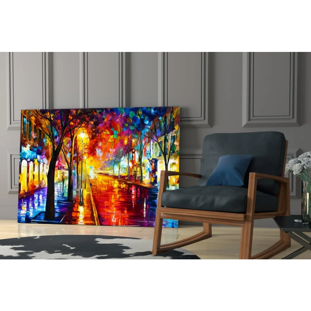 Vibrant rainy street reflections abstract canvas wall art with glowing lights