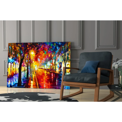 Vibrant rainy street reflections abstract canvas wall art with glowing lights