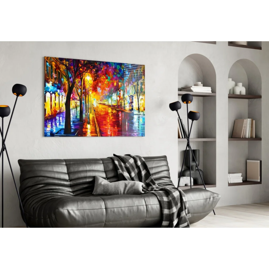 Vibrant rainy street reflections abstract canvas wall art in oranges and blues