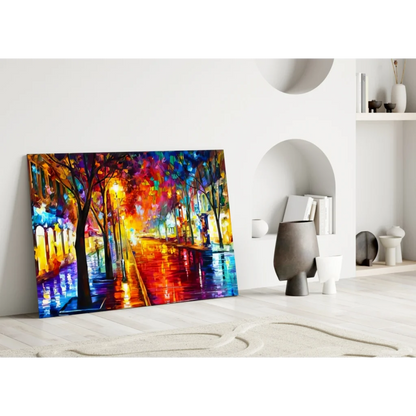 Vibrant rainy street reflections abstract wall art canvas