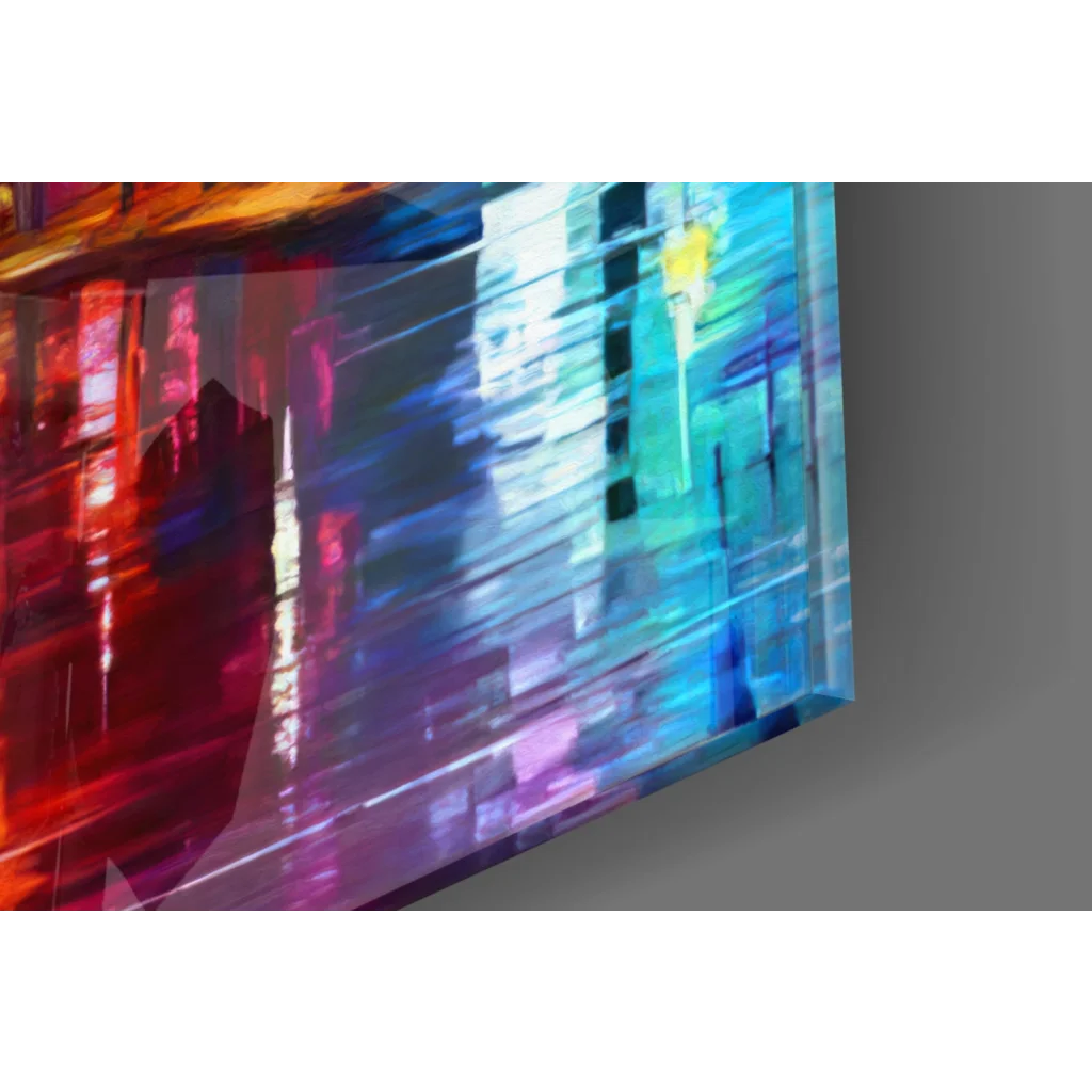 Vibrant rainy street reflections abstract canvas wall art with red, blue, teal streaks