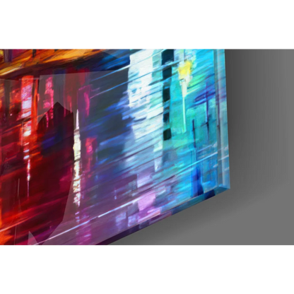 Vibrant rainy street reflections abstract canvas wall art with red, blue, teal streaks