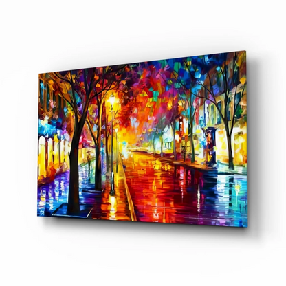 Vibrant rainy street reflections abstract canvas wall art