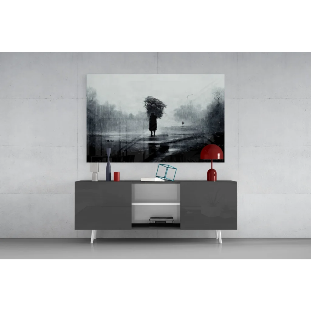 Modern gray and white sideboard with sleek legs under Rainy Street Scene wall art