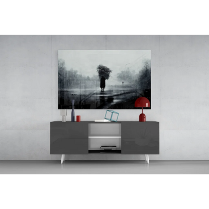 Modern gray and white sideboard with sleek legs under Rainy Street Scene wall art