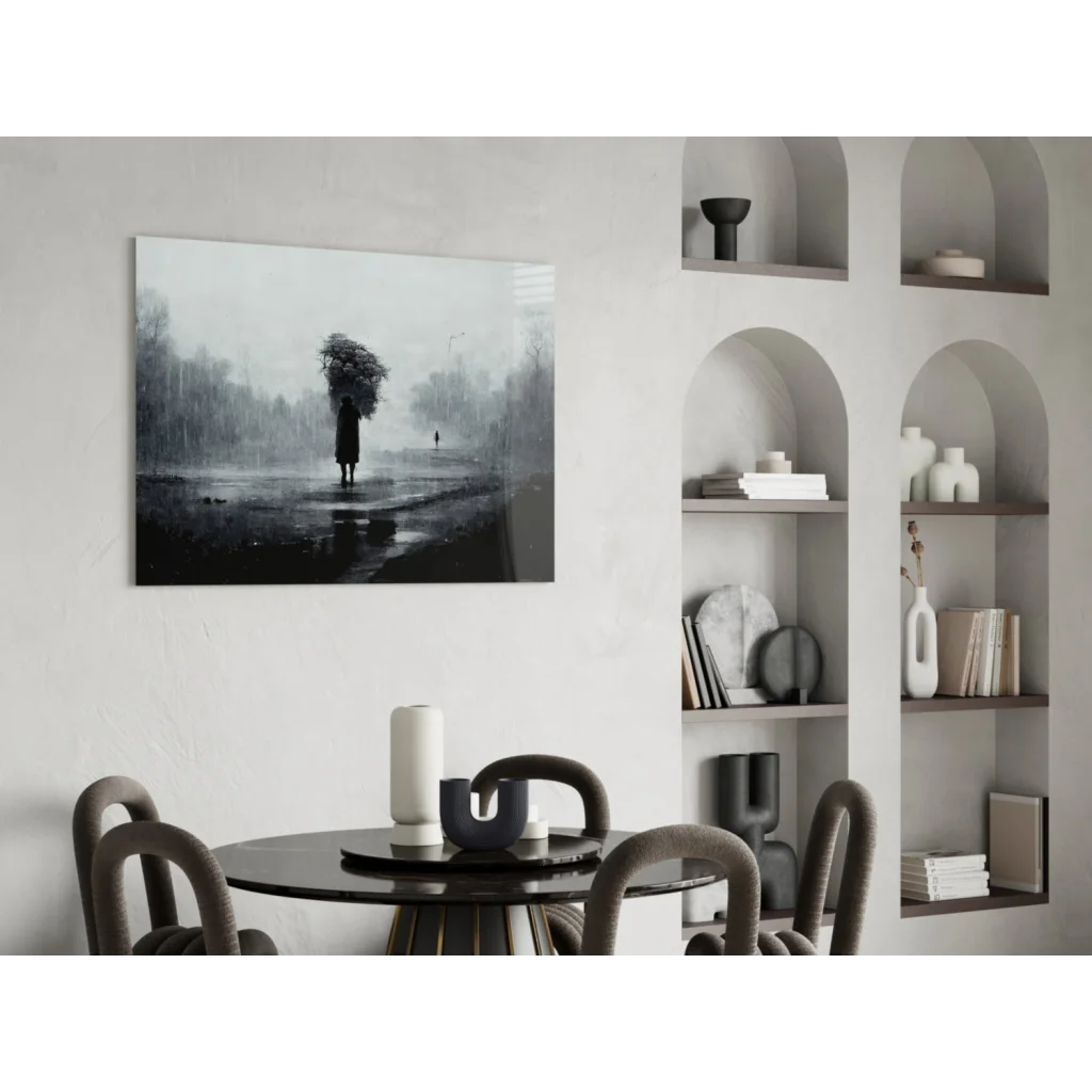 Black and white rainy street scene wall art with solitary figure and umbrella