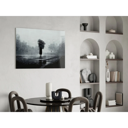 Black and white rainy street scene wall art with solitary figure and umbrella
