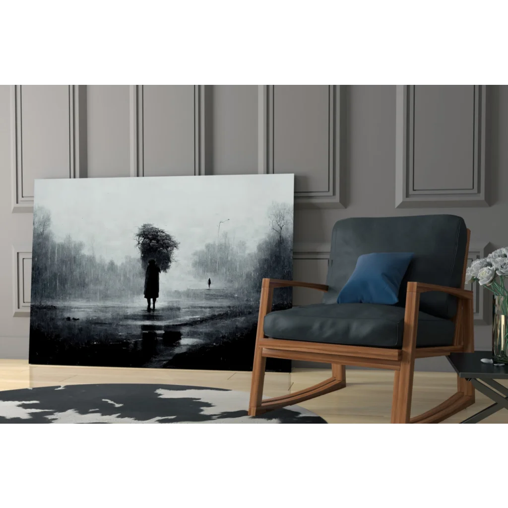 Black and white rainy street scene wall art canvas print with figures under umbrella