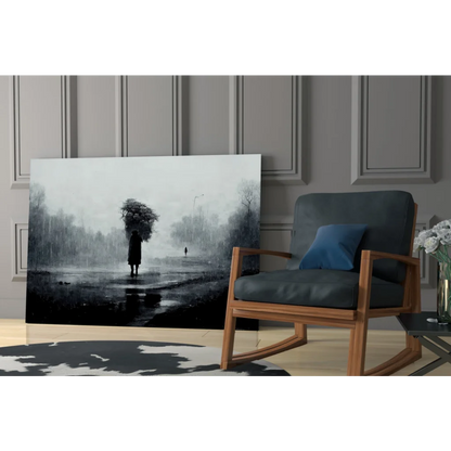 Black and white rainy street scene wall art canvas print with figures under umbrella