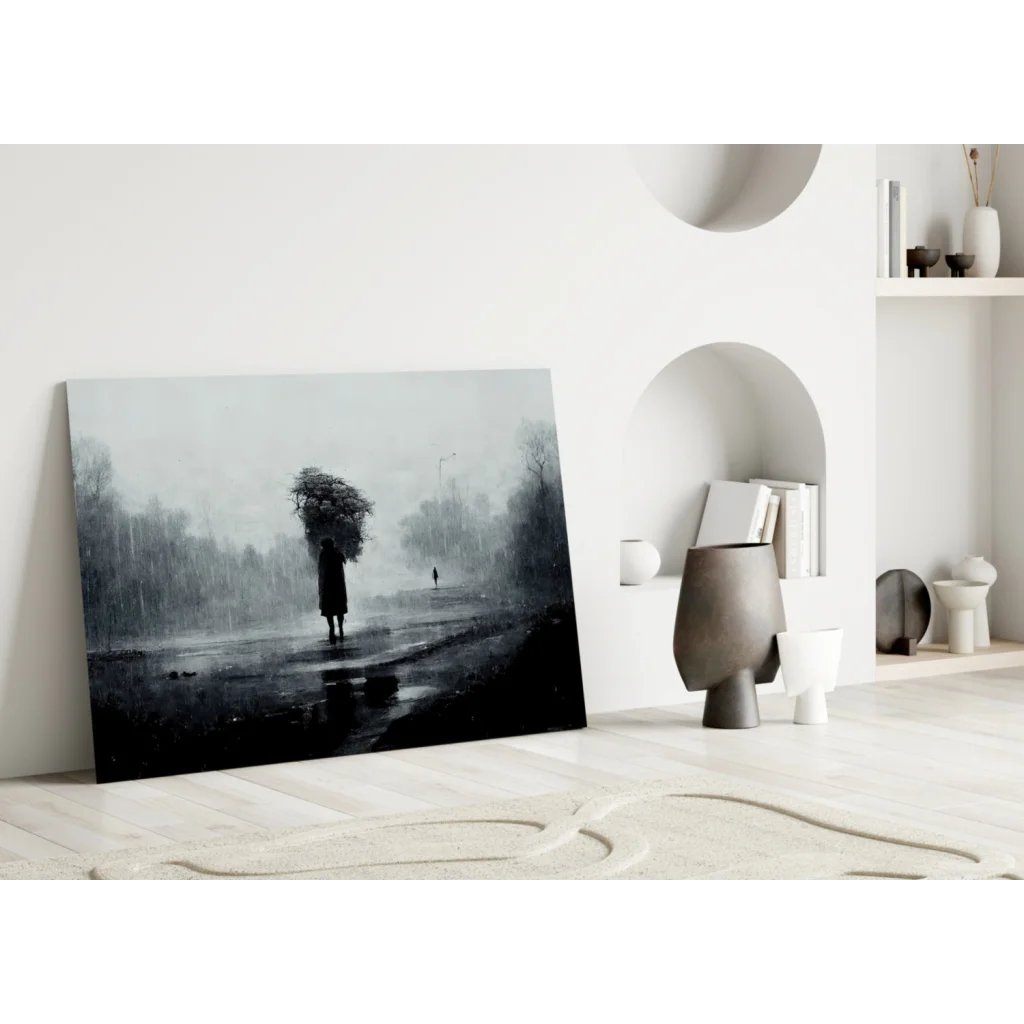 Black and white rainy street scene wall art canvas print with umbrella figure
