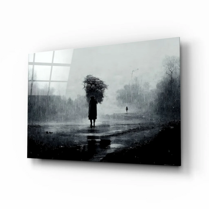 Black floral bouquet on rainy street scene wall art print
