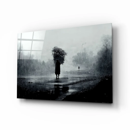 Black floral bouquet on rainy street scene wall art print