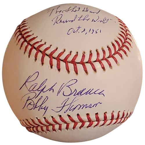 Dual autographed MLB baseball by Ralph Branca and Bobby Thomson with Shot inscription
